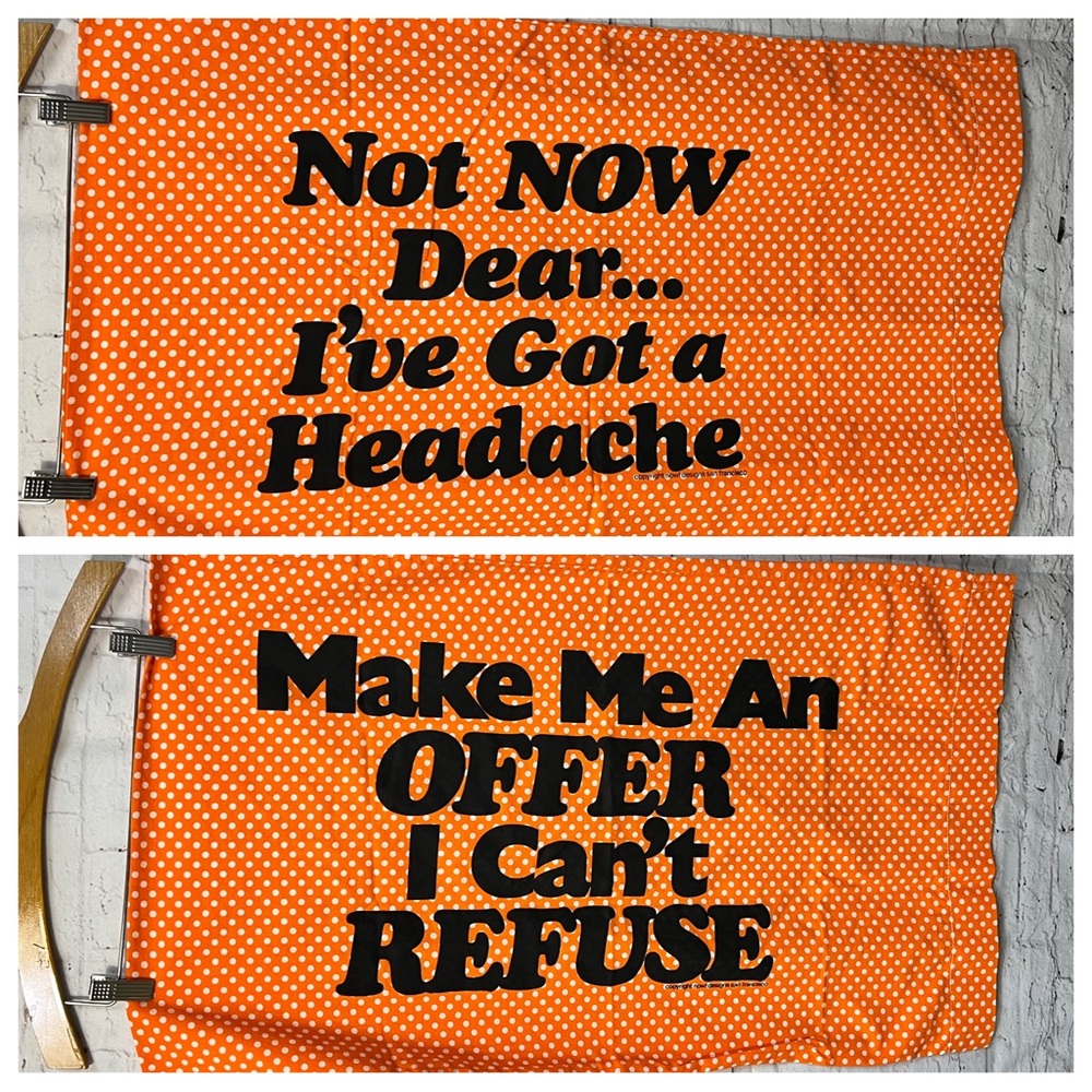 Vintage Funny Couple Pillowcases Not Now Headache Offer Orange White Polka Dot